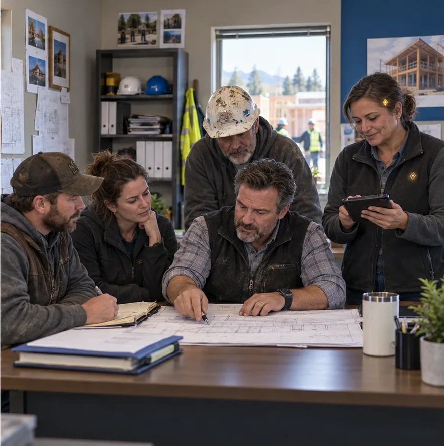 Illustrative before-and-after construction office scene: a contractor buried in bid paperwork, then a calm owner working with a coordinated crew and a human-looking AI teammate. After scene