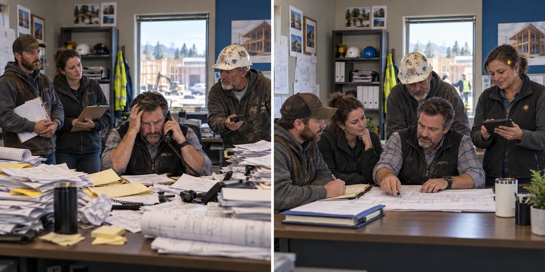 Illustrative before-and-after construction office scene: a contractor buried in bid paperwork, then a calm owner working with a coordinated crew and a human-looking AI teammate.