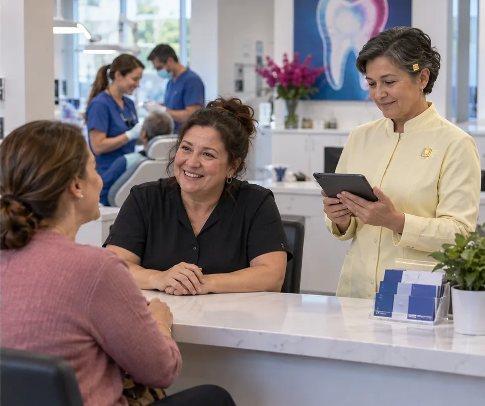 Illustrative before-and-after dental office scene: a reception manager overwhelmed by calls and forms, then a calm team helping a patient with an AI teammate nearby. After scene