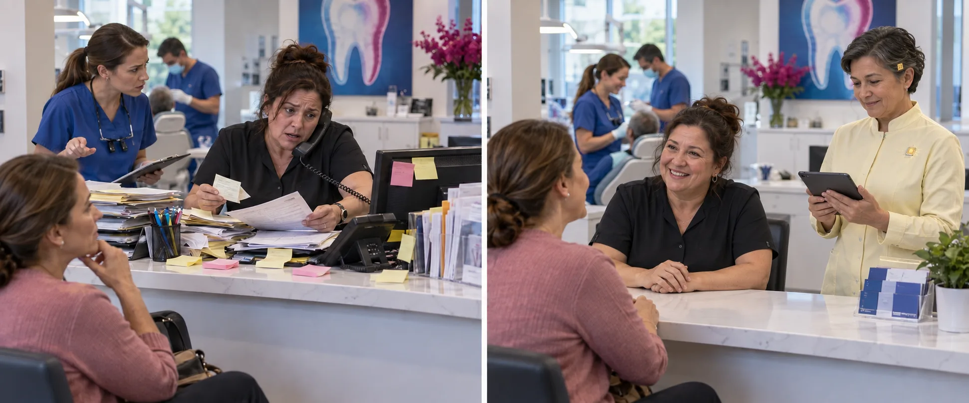 Illustrative before-and-after dental office scene: a reception manager overwhelmed by calls and forms, then a calm team helping a patient with an AI teammate nearby.