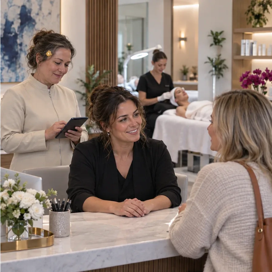 Illustrative before-and-after med spa scene: a coordinator overwhelmed by calls and schedules, then a calm client conversation supported by a human-looking AI teammate. After scene