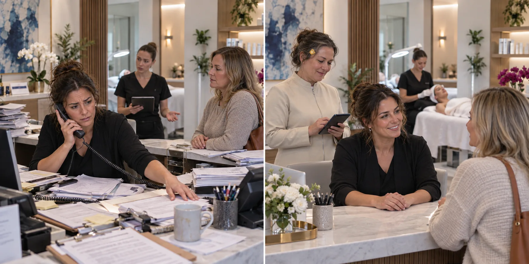 Illustrative before-and-after med spa scene: a coordinator overwhelmed by calls and schedules, then a calm client conversation supported by a human-looking AI teammate.