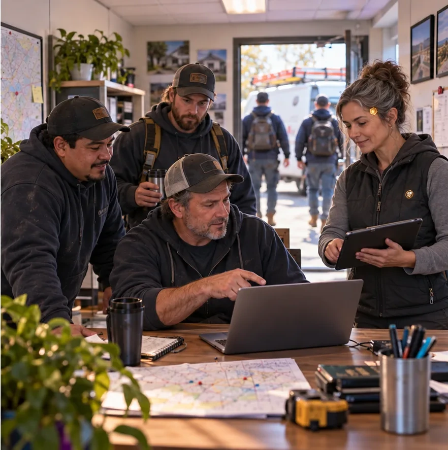 Illustrative before-and-after construction office scene: an owner buried in paper and on the phone while the crew waits, then the same crew at a clear table with a human-looking teammate holding the tablet. After scene
