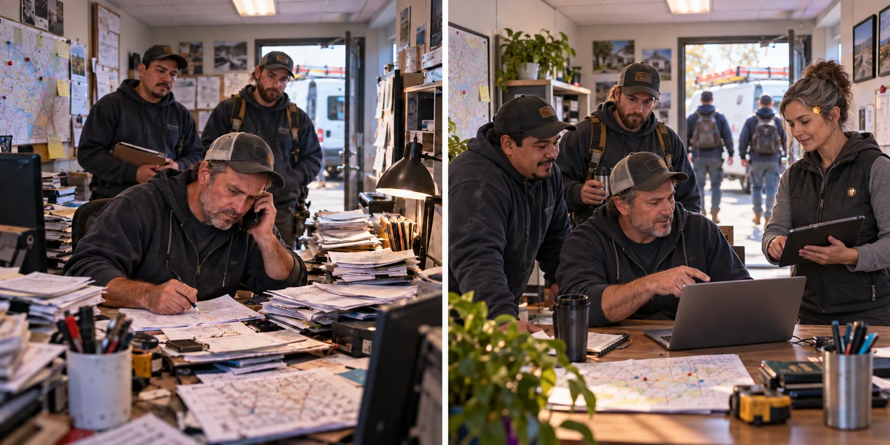Illustrative before-and-after owner-operator scene: a stressed service-business owner facing a busy desk, then a calmer workspace with a human-looking AI teammate supporting the team.