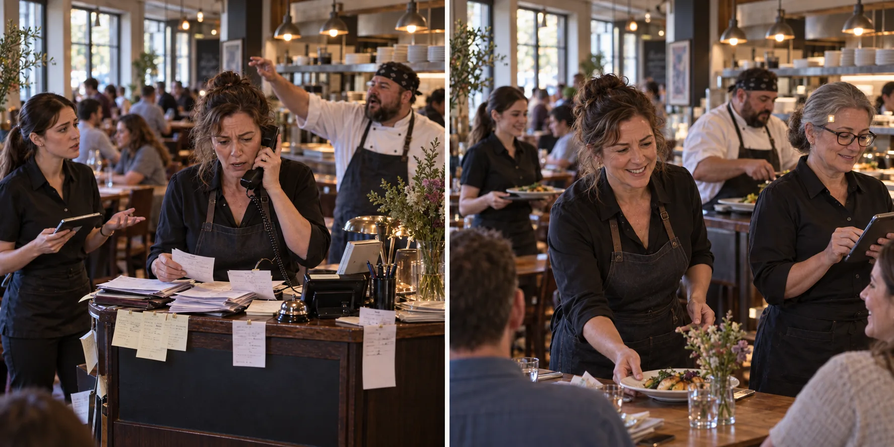 Illustrative before-and-after restaurant scene: a host stand crowded with reservation notes, then a calm team welcoming guests with an AI teammate coordinating nearby.