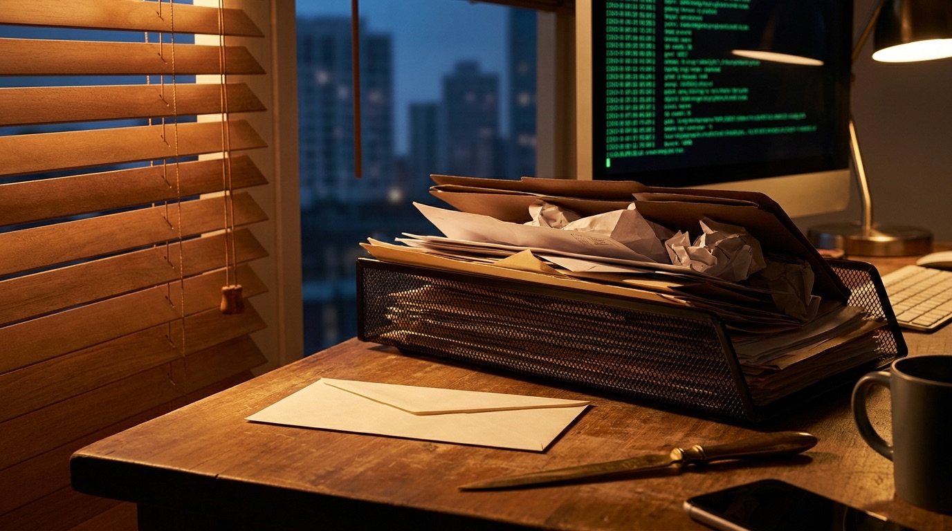 A wire desk tray overflowing with envelopes and crumpled papers in shadow, while one envelope lies alone in warm lamplight beside a brass letter opener — the single message that needs attention, surfaced from the flood.