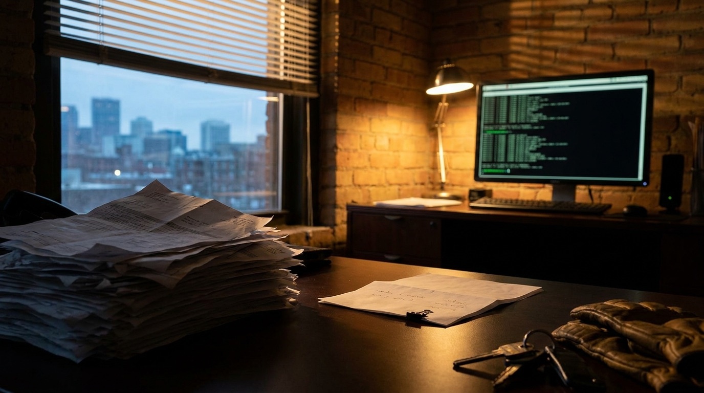 One paper invoice with a binder clip pulled from a tall stack into warm lamplight on a small-business owner's desk at dusk, a terminal-lit monitor and city window behind — the smallest task, chosen first.