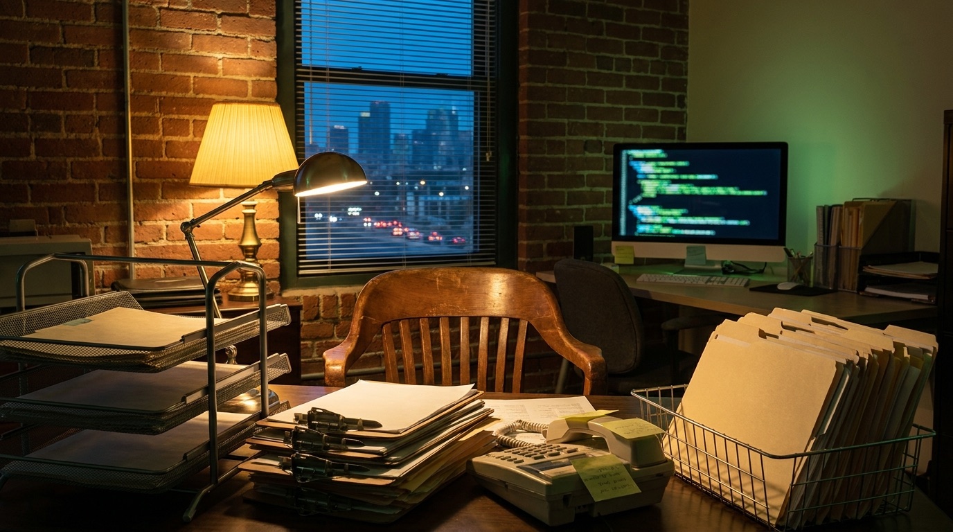 An empty desk chair in a small-business office at dusk, surrounded on every side by loaded paper trays, folders and a note-covered phone — every piece of work oriented toward the one seat it all waits on.