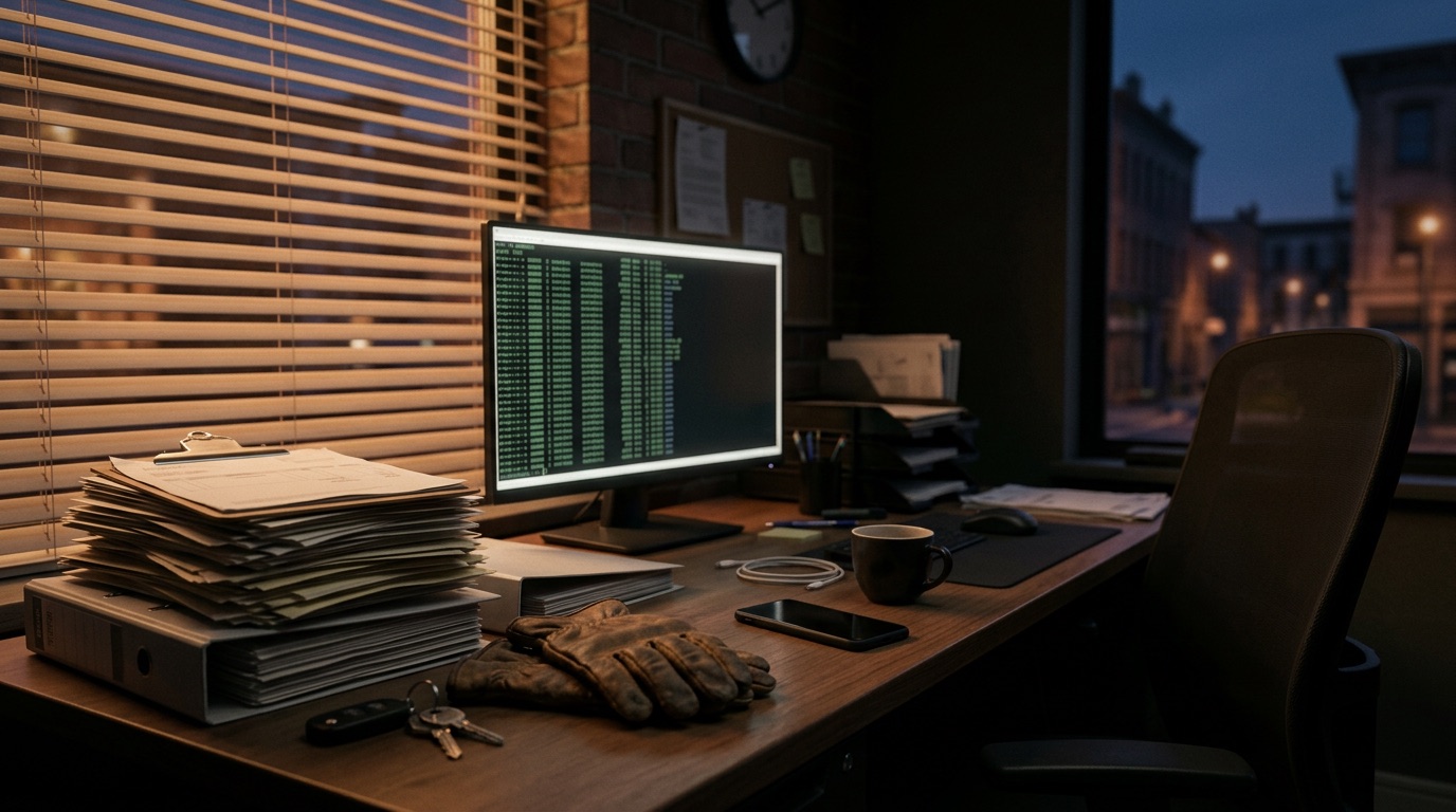 A small-business owner's desk at dusk — stacked invoices, worn work gloves and truck keys beside a monitor showing tidy rows of organized data.