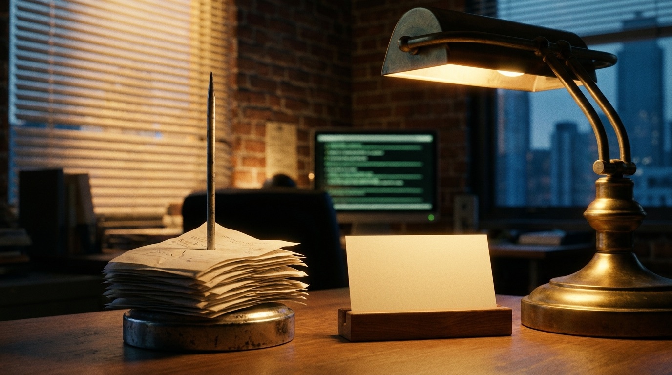 A receipt spike impaled with a thick stack of identical scribbled message slips beside one clean blank notecard under a brass desk lamp — the same question asked over and over, next to the answer written once.