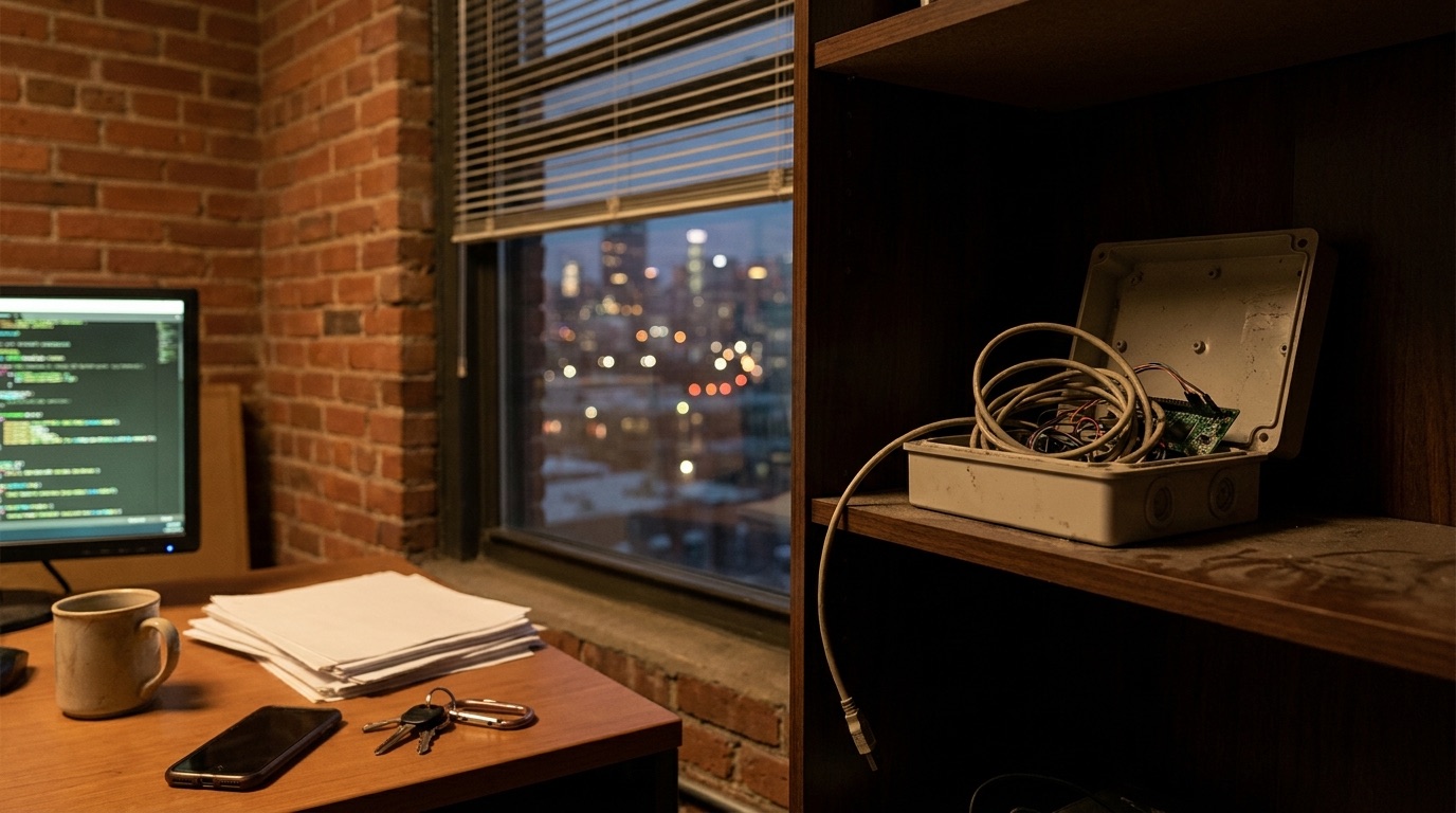 A dusty half-finished automation project shelved beside a small-business owner's desk at night — an open project box of coiled cables waiting in shadow while paperwork, keys and a phone hold the desk below.